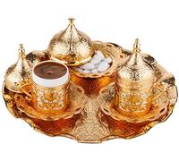 DEMMEX Service à café turc grec arabe avec tasses, soucoupes, porte-gobelets, couvercles, sucrier, couvercle et plateau, 11 pièces (doré), taille M