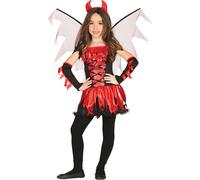 Démon Costume Set Serre-tête Ailes Robe Manchettes Bras Queue Effrayant Fantaisie Fête Halloween Rouge Noir Enfants Rôle Jeu, Taille : 98/104 Couleur : Rouge