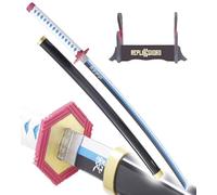 Demon Slayer Katana Tout en Bois Lame en Bois Giyu Tomioka Epee Replique Decoration Kimetsu No Yaiba Sabre Cosplay + Presentoir en Bois Inclus Kendo