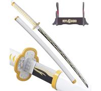 Demon Slayer Katana Tout en Bois Lame en Bois Sabre Zenitsu Epee Replique Sabre Decoration Replique Epee Cosplay + Presentoir Inclus