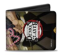 Demon Slayer Portefeuille à deux volets, Demon Slayer Gyomei Himejima Perles Chaîne Pose et Logo Title, Cuir Végan