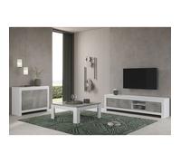 DENAE - Ensemble Salon Blanc et Gris Marbré Meuble TV + Buffet 2 Portes + Table Basse Carrée