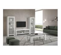 DENAE - Ensemble Salon Complet Blanc et Gris Marbré Meuble TV + Table Basse + Vitrines Leds
