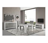 DENAE - Ensemble Salon Séjour Blanc et Gris Marbré Meuble TV + Buffet 3 Portes + Table 100cm -