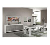 DENAE - Ensemble Séjour Blanc et Gris Marbré Table 160cm + Buffet 4 Portes -