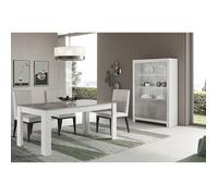 DENAE - Ensemble Séjour Blanc et Gris Marbré Table 160cm + Vitrine 4 Portes avec Leds -