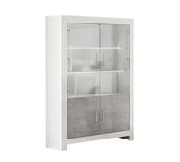 DENAE - Vitrine 4 Portes Laquée Blanc Brillant et Gris Marbré avec Leds