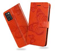 DENDICO Coque pour Galaxy A02S, Papillon Imprimé Housse en Cuir PU Magnétique Portefeuille, Étui à Rabat pour Samsung Galaxy A02S, Orange