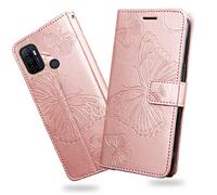 DENDICO Coque pour Oppo A32 / Oppo A53 2020 / Oppo A53s / Oppo A33 2020, Papillon Imprimé Housse en Cuir PU Magnétique Portefeuille, Étui à Rabat pour Oppo A32 / Oppo A53 2020 / Oppo A53s, Or Rose