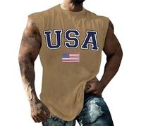 DENGJIAMY 4 juillet Chemise sans manches pour homme Motif drapeau américain Chemise sans manches d'été tendance Patriotique Col rond T-shirt imprimé USA Débardeurs, kaki, XXL