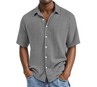 DENGJIAMY Chemise à boutons gaufrés à manches courtes pour homme - Style décontracté - Col uni - Chemise boutonnée - Grande taille - Vêtements pour hommes, Z15 Gris, M