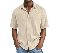 DENGJIAMY Chemise à boutons gaufrés à manches courtes pour homme - Style décontracté - Col uni - Chemise boutonnée - Grande taille - Vêtements pour hommes, Z15 Beige, M