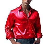DENGJIAMY Chemise à manches longues pour homme style disco brillant métallisé doré argenté chemise boutonnée décontractée tendance unie costume de fête, Z11 Rouge, M