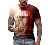 DENGJIAMY Covered by The Blood of Jesus T-shirt pour hommes grande taille Halloween sanglant imprimé t-shirt à manches courtes pour hommes vacances effrayant col rond t-shirt, beige, 4XL