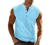 DENGJIAMY - Débardeur rayé vertical pour homme, grande taille, été, uni, boutonné, col en V, t-shirt texturé décontracté, vacances, plage, chemise Henley sans manches pour homme, Z15 Bleu clair, XL