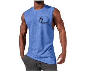 DENGJIAMY Débardeurs graphiques pour hommes, T-shirts d'été décontractés à col rond, débardeurs imprimés palmiers, débardeurs pour hommes, grande taille, t-shirts de vacances sans manches, bleu, L