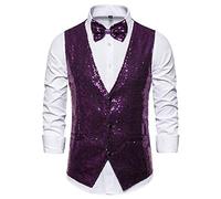 DENGJIAMY - Gilet habillé à paillettes brillantes à col en V avec nœud papillon pour homme, semi-formel, bal de fin d'année, smoking, gilet métallique simple, violet, S