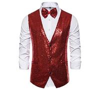 DENGJIAMY - Gilet habillé à paillettes brillantes à col en V avec nœud papillon pour homme, semi-formel, bal de fin d'année, smoking, gilet métallique simple, Rouge, XL