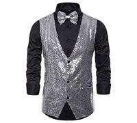 DENGJIAMY - Gilet habillé à paillettes brillantes à col en V avec nœud papillon pour homme, semi-formel, bal de fin d'année, smoking, gilet métallique simple, gris, S