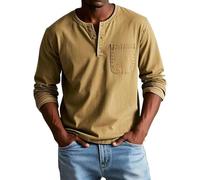 DENGJIAMY Henley Chemises à manches longues pour homme en coton vintage pull col montant lavage à l'acide Streetwear Tops hommes grande taille rétro T-shirt rétro, jaune, 3XL
