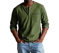 DENGJIAMY Henley Chemises à manches longues pour homme en coton vintage pull col montant lavage à l'acide Streetwear Tops hommes grande taille rétro T-shirt rétro, vert militaire, 3XL