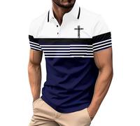 DENGJIAMY Polo croix chrétienne pour hommes Jésus imprimé polo t-shirt à manches courtes décontracté chemise d'affaires tendance vêtements d'été rétro bloc de couleur rayé tops, Z15 Bleu foncé, 3XL