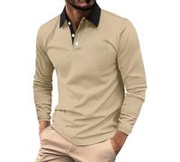 DENGJIAMY Polo de golf pour homme à manches longues avec col en V, hauts décontractés et tendance avec poche, polo à col rond classique pour homme pour le business en plein air, kaki, L