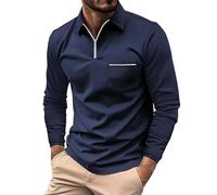 DENGJIAMY Polo décontracté à manches longues avec fermeture éclair et col en V pour homme, bleu marine, XXL