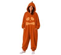 DENGJIAMY Pyjama une pièce d'Halloween pour femme - Couverture visage de citrouille - Pyjama ample en flanelle - Vêtement de détente - Costume d'Halloween et de costumade avec capuche (orange 03