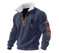 DENGJIAMY Sweat-shirt chrétien pour homme Jésus Croix Faith Chemise texturée Col en polaire T-shirt Drapeau américain Tops Grande taille Pull à fermeture éclair 1/4, bleu marine, 4XL