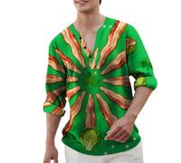 DENGJIAMY T-shirt irlandais Henley pour homme, t-shirt décontracté à col en V, à manches longues, t-shirt trèfle St Patty pour hommes, hauts graphiques amusants pour les vacances, vert foncé, 3XL