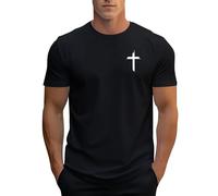 DENGJIAMY T-shirts chrétiens pour hommes avec croix graphique, tee-shirt foi Jésus à manches courtes, col ras du cou, décontracté, hauts de base classiques, vêtements d'été pour hommes, Noir , XL