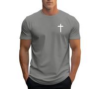 DENGJIAMY T-shirts chrétiens pour hommes avec croix graphique, tee-shirt foi Jésus à manches courtes, col ras du cou, décontracté, hauts de base classiques, vêtements d'été pour hommes, gris, L