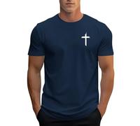 DENGJIAMY T-shirts chrétiens pour hommes avec croix graphique, tee-shirt foi Jésus à manches courtes, col ras du cou, décontracté, hauts de base classiques, vêtements d'été pour hommes, bleu marine, M