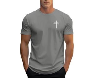 DENGJIAMY T-shirts chrétiens pour hommes avec croix graphique, tee-shirt foi Jésus à manches courtes, col ras du cou, décontracté, hauts de base classiques, vêtements d'été pour hommes, gris, L