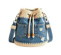 Denim Bag | Daisy Embroidery Retro Boho Crochet Trim Drawstring | Womens De