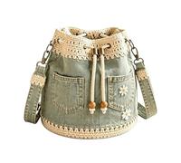 Denim Bag | Daisy Embroidery Retro Boho Crochet Trim Drawstring | Womens De