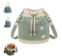 Denim Crochet Bucket Bag,Handmade Crochet Jean Tote with Daisy Embroidery,Vintage Boho Drawstring Crossbody Shoulder Purse，Green