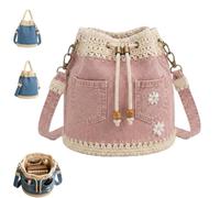 Denim Crochet Bucket Bag,Handmade Crochet Jean Tote with Daisy Embroidery,Vintage Boho Drawstring Crossbody Shoulder Purse，Pink