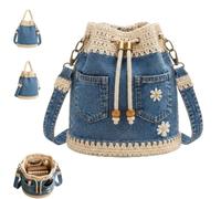 Denim Crochet Bucket Bag,Handmade Crochet Jean Tote with Daisy Embroidery,Vintage Boho Drawstring Crossbody Shoulder Purse，Blue