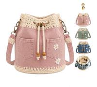 Denim Crochet Bucket Bag,Handmade Crochet Jean Tote with Embroidery，Pink