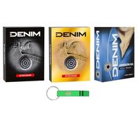 Denim Lot de 3 paquets de tests après-rasage originaux + noir + doré - Parfait pour les peaux fraîches 100 ml + porte-clés Beni Culinari