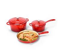 Denmay Batterie de cuisine en fonte émaillée - 5 pièces - Fours hollandais, casserole, faitout - four à pain, revêtement anti-adhésif en céramique, compatible gaz/induction, sans PFA, rouge