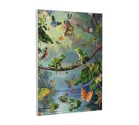 DENMER Toile murale carrée imprimée avec cadre en bois massif de nombreuses grenouilles chantant sur les branches et papillons d'été - 30 x 40 cm - Décoration murale carrée faite à la main pour