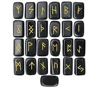 DENMES Lot de 25 runes rectangulaires en agate noire avec alphabet Futhark gravé, divination, guérison, chakra, Reiki, avec une pochette Taille : 20-25 mm - B08Z79SY