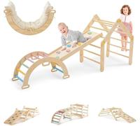 DENMOSTY Montessori Cadre d'escalade pour l'intérieur à partir de 1 an - Triangle d'escalade 7 en 1, avec toboggan, triangle pikler, escalade pour enfants, arche d'escalade avec coussins, en bois
