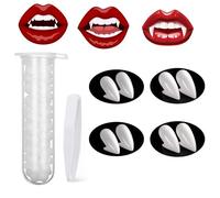 Dent de Vampire,4 Paires Vampire Fangs d'halloween Accessoires de Fête pour Enfants Adultes,Vampire Teeth Kit Halloween Fausse Crocs avec Adhésif à Pastilles de Dents pour Cosplay Fete-13MM/15MM
