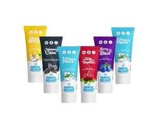 DENTAL DELIGHT Lot de Dentifrices - 6 Goûts : Sunny Splash, Polar Punch, Koala Kiss, Shimmery Shine, Berry Blast, Bahama Breeze - Neutre Pour le Climat, Vegan, 0 Microplastique - Idée Cadeau