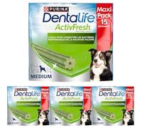 DENTALIFE | ACTIVFRESH | Friandises pour Chien Adulte de Taille Moyenne| Aide à Combattre la Mauvaise haleine | Sachet | 15 Bâtonnets | 345g (Lot de 4)