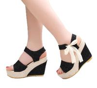 Dentelle de Loisirs féminins Coins Talons Femmes Chaussures de Sandales d'été Plate-Forme de fête Hauts Talons Chaussures Femme-Black, 35